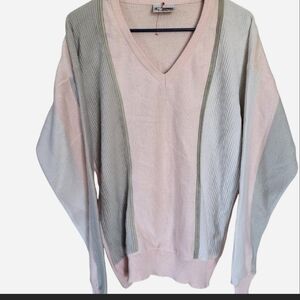 Vintage pink white and grey v-neck sweater with light green suede trim